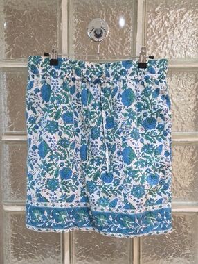 Sz Blockprints Blue & Green Floral Drawstring Womens Skirt Pockets Medium